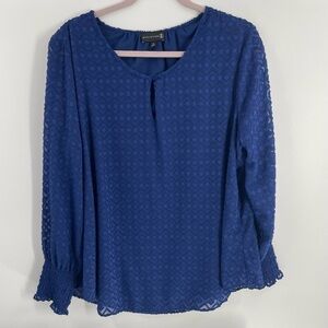 Ryan Wythe Lace Overlay Keyhole Bishop Sleeve Royal Blue Pullover Top